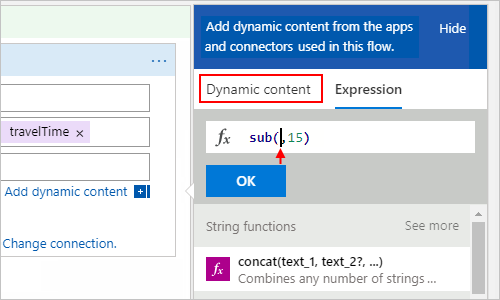 Screenshot that shows where to put the cursor in the "sub(,15)" expression with "Dynamic content" selected.