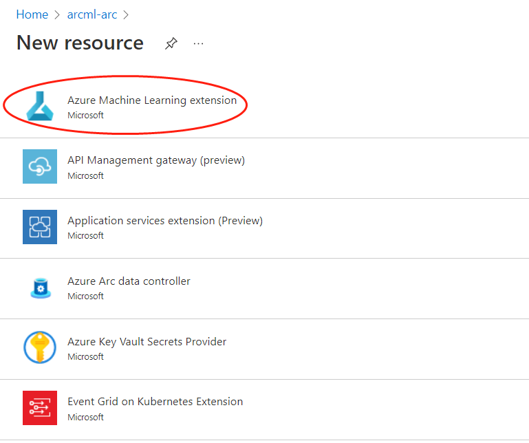 Screenshot of selecting Azure Machine Learning extension from Azure portal.