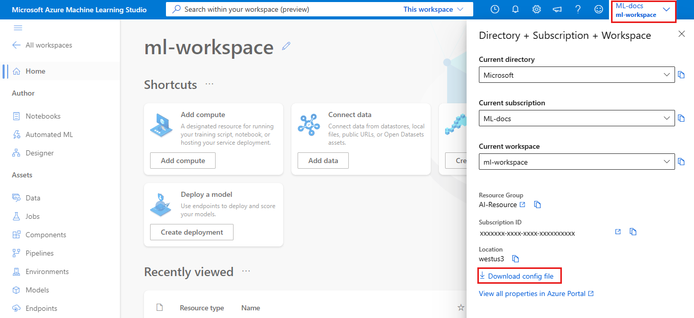 Screenshot of the workspace overview page with download config.json selected.