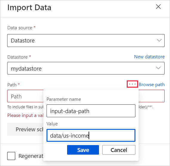 Screenshot that shows how to create a pipeline parameter