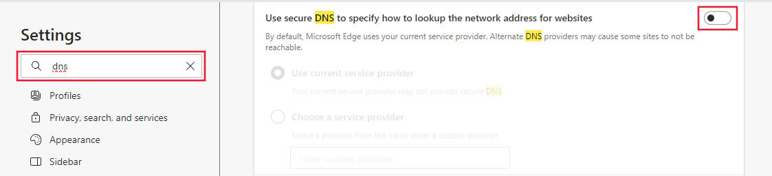 Screenshot of the use secure DNS setting in Microsoft Edge.