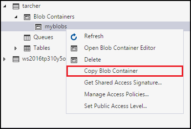 Copy blob container context menu