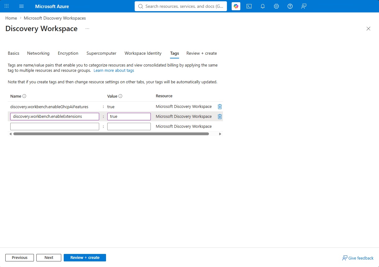 Screenshot showing the workspace create page in Azure portal with the tags highlighted.