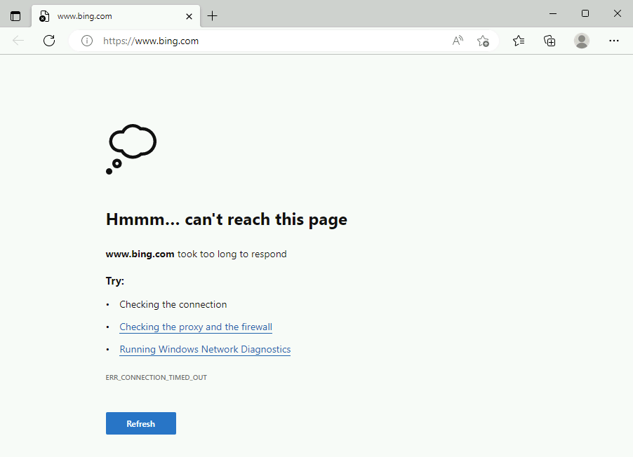 Screenshot showing Bing page isn't reachable in a web browser.