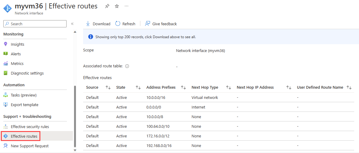 Screenshot showing Azure default system routes associated with the virtual machine network interface.