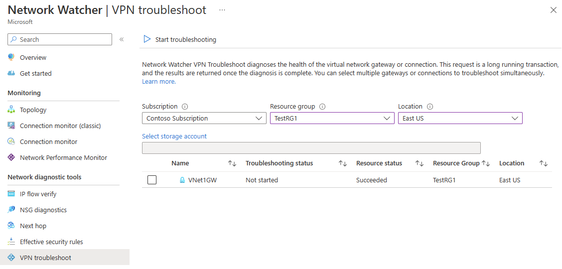 Screenshot of Azure Network Watcher VPN troubleshoot in the Azure portal.