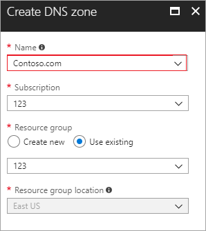 Screenshot of creating a DNS zone in Azure.