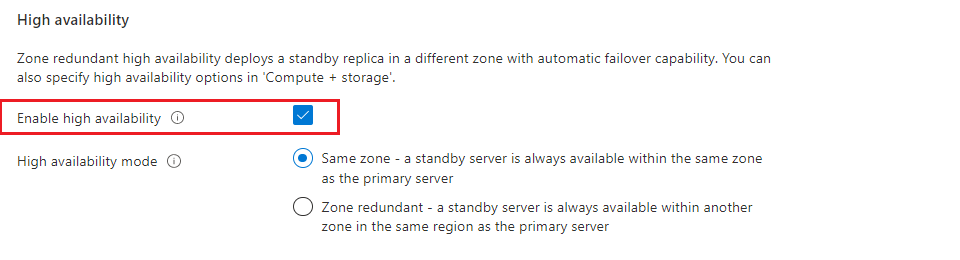 High availability checkbox and mode selection.