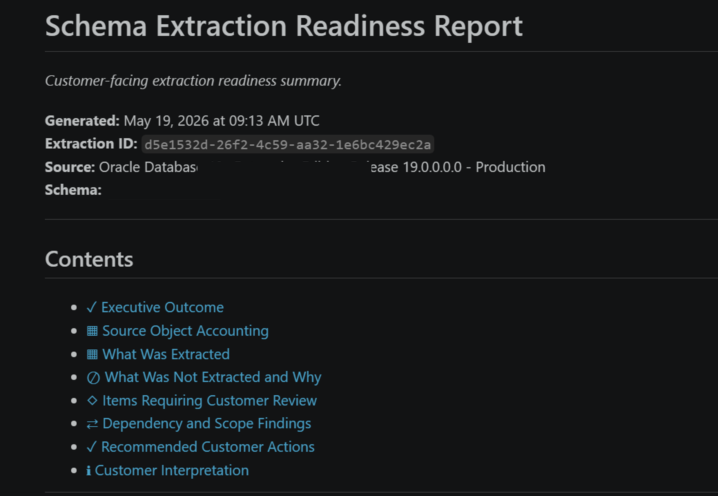 Screenshot of the Oracle extraction report.
