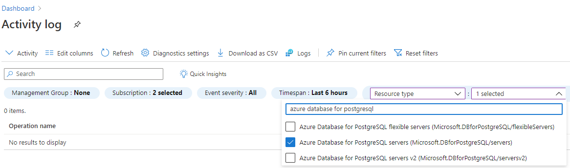 Activity log filtered for delete PostgreSQL server operation