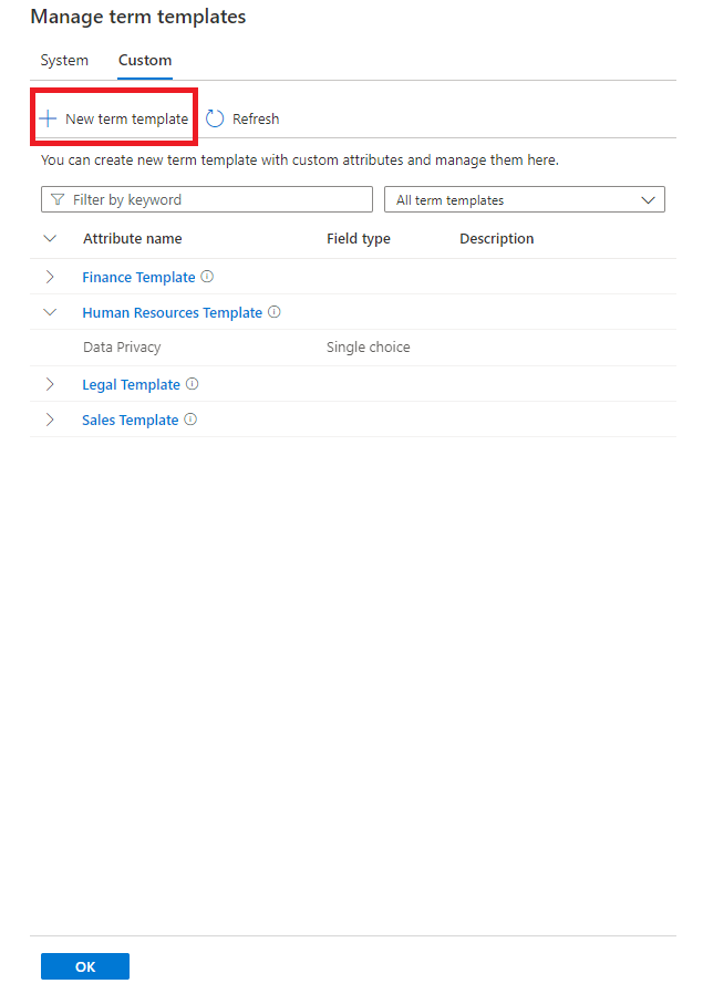 Screenshot of Glossary terms > Manage term templates > New term templates