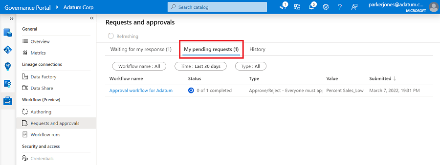 Screenshot with the requests and approvals page shown on the 'My pending requests' tab, with a list of requests from the user that are waiting approver response.