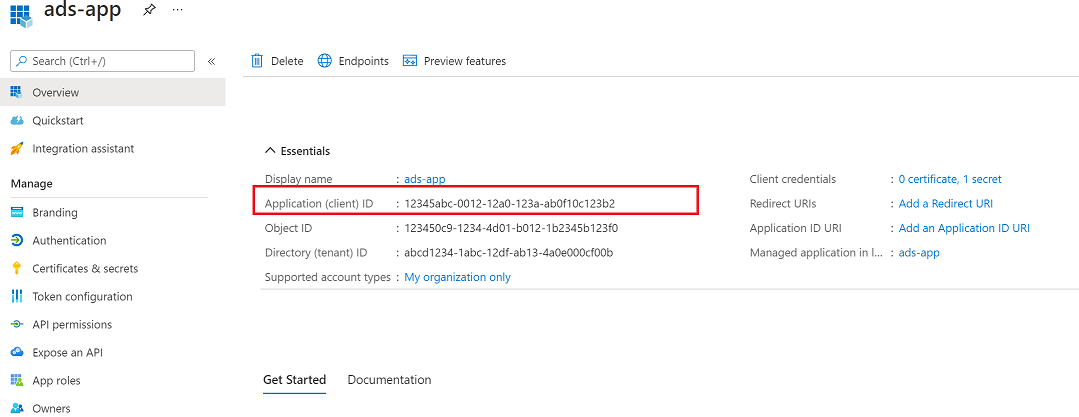 Screenshot that shows the application ID for a service principal.