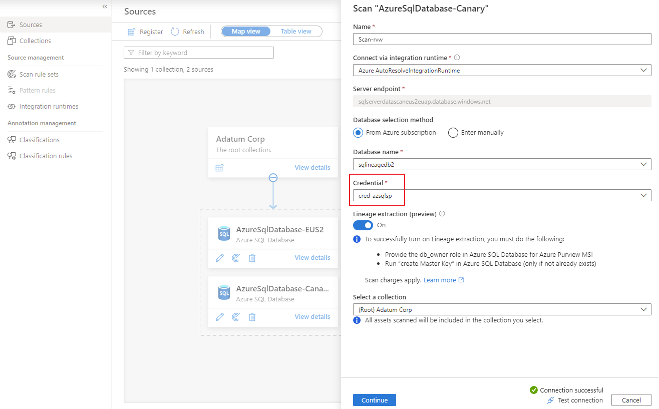 Screenshot that shows collection and credential information for the service principal option to enable scanning.