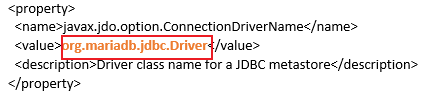 Screenshot that shows a driver class as a property value.