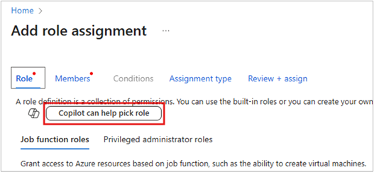 Screenshot of Copilot button in the Add role assignment page.