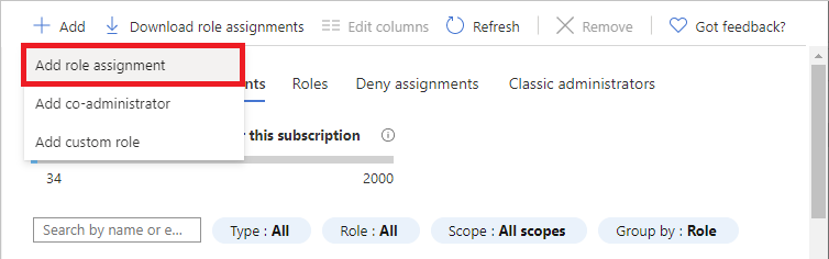 Screenshot of Add > Add role assignment menu.