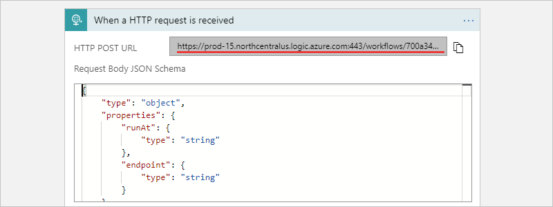 Screenshot showing the generated Request trigger endpoint URL.