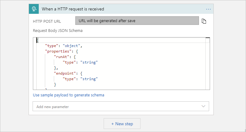 Screenshot showing the Request trigger with a sample JSON request schema.
