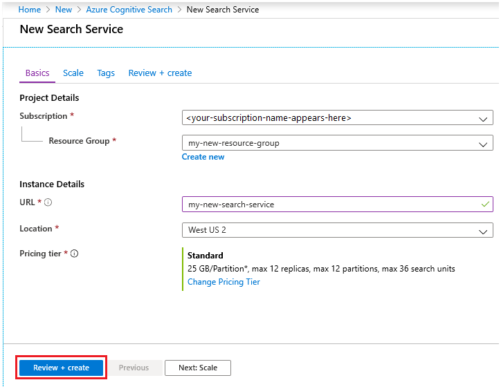 Screenshot of the Review and create the service page.