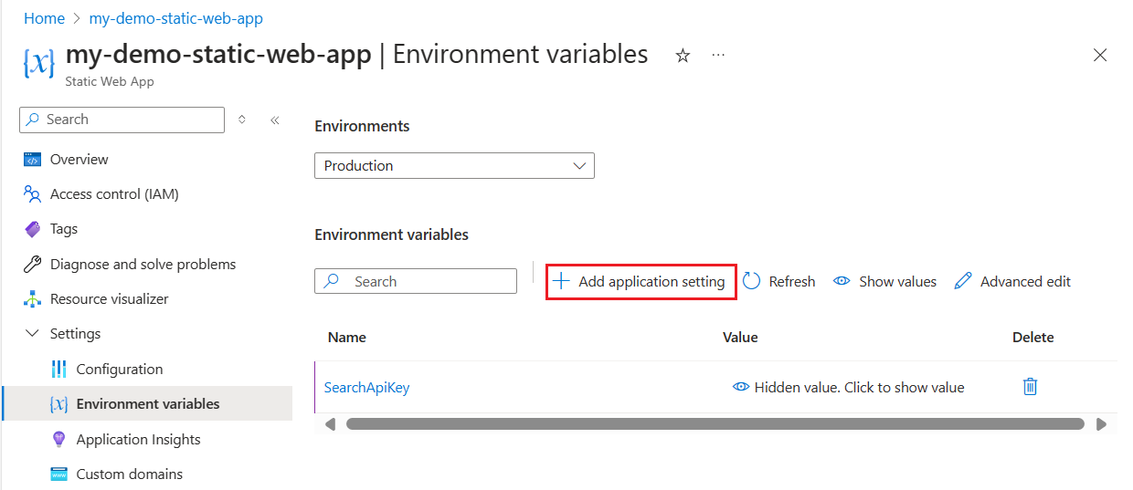 Screenshot of the static web app's environment variables page in the Azure portal.