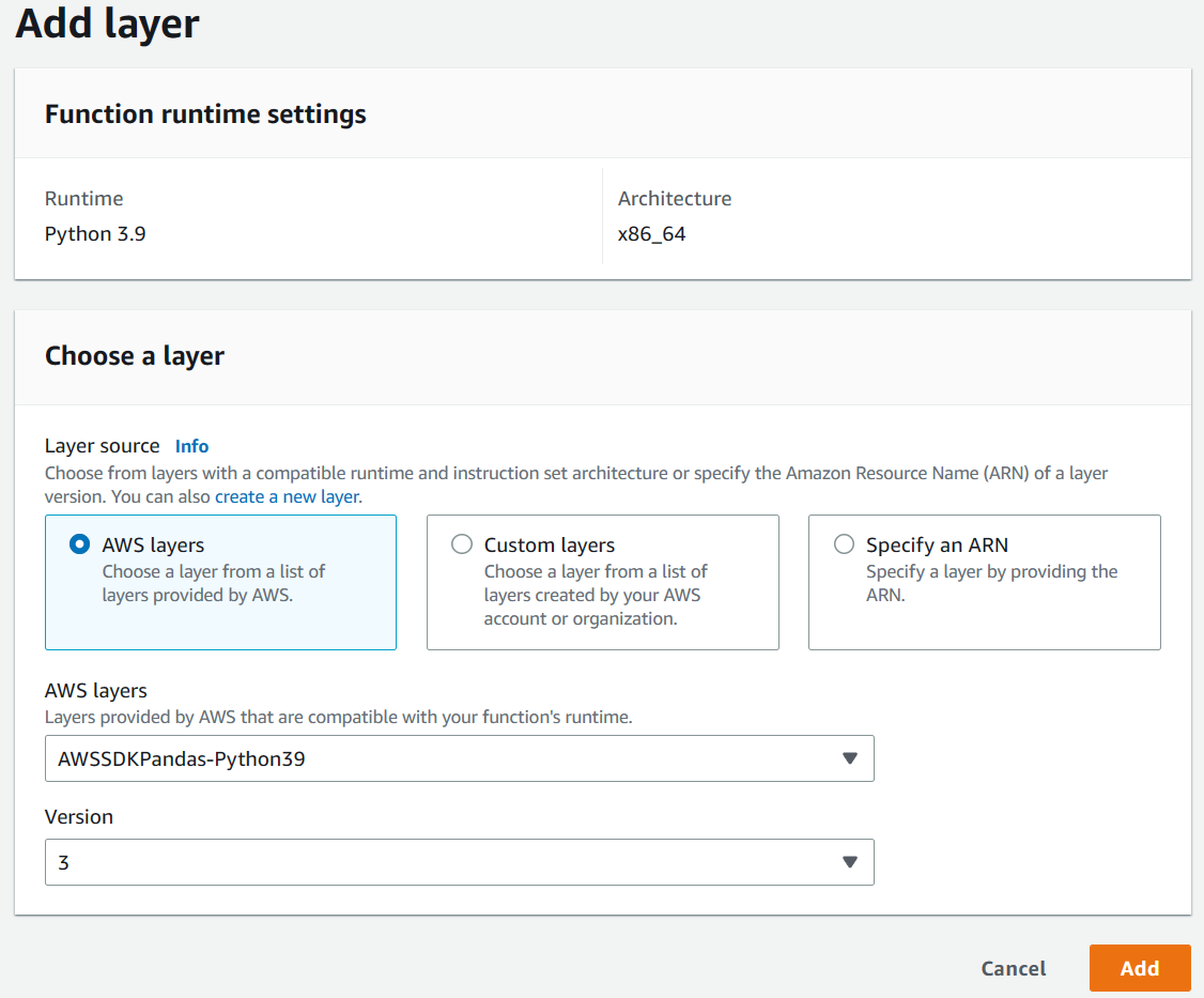 Screenshot of the AWS Management Console Add layer screen.