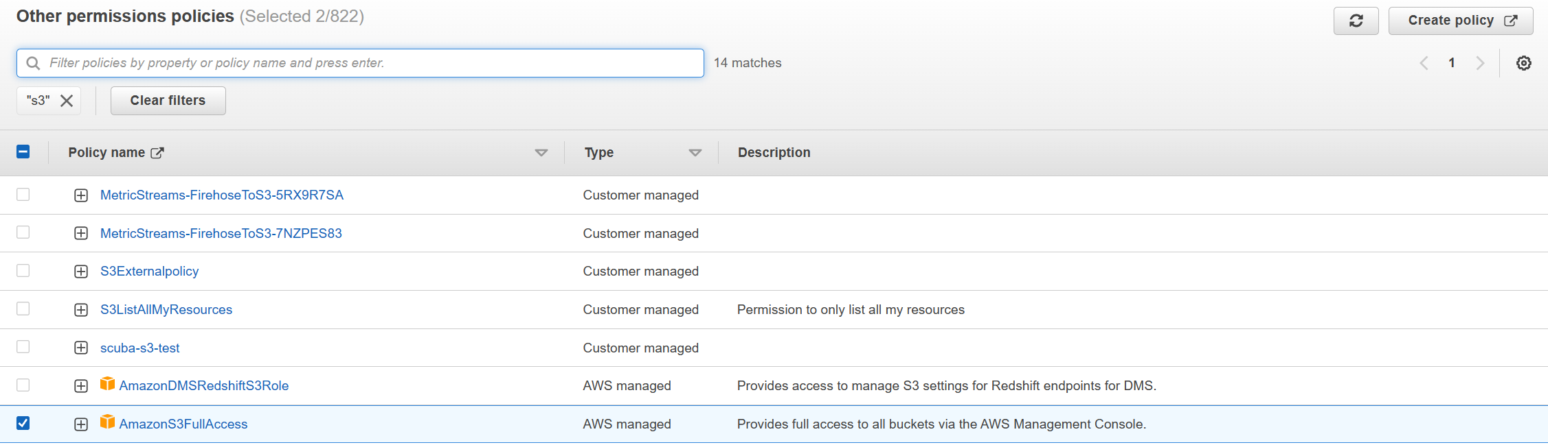 Screenshot of the AWS Management Console Add permissions policies screen.