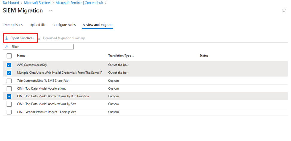 Screenshot showing the Review and Migrate tab highlighting the Export Templates button.