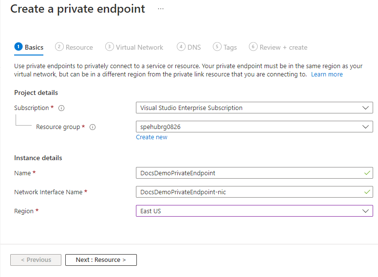 Screenshot showing the Basics page of the Create private endpoint wizard.