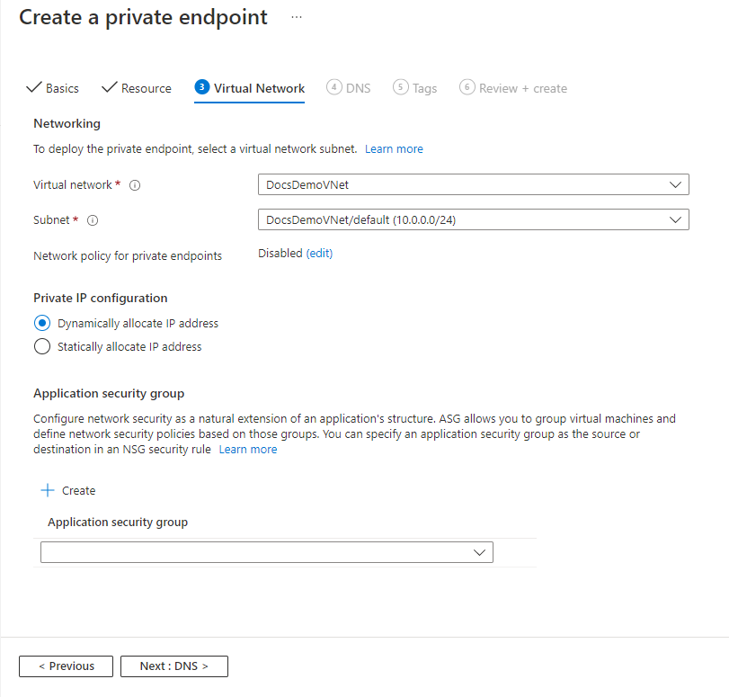 Screenshot showing the Virtual Network page of the Create private endpoint wizard.