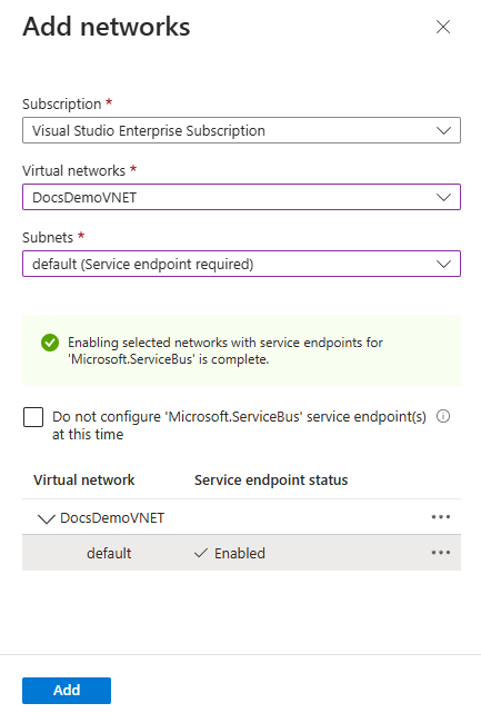 Image showing the success message of enabling the service endpoint.