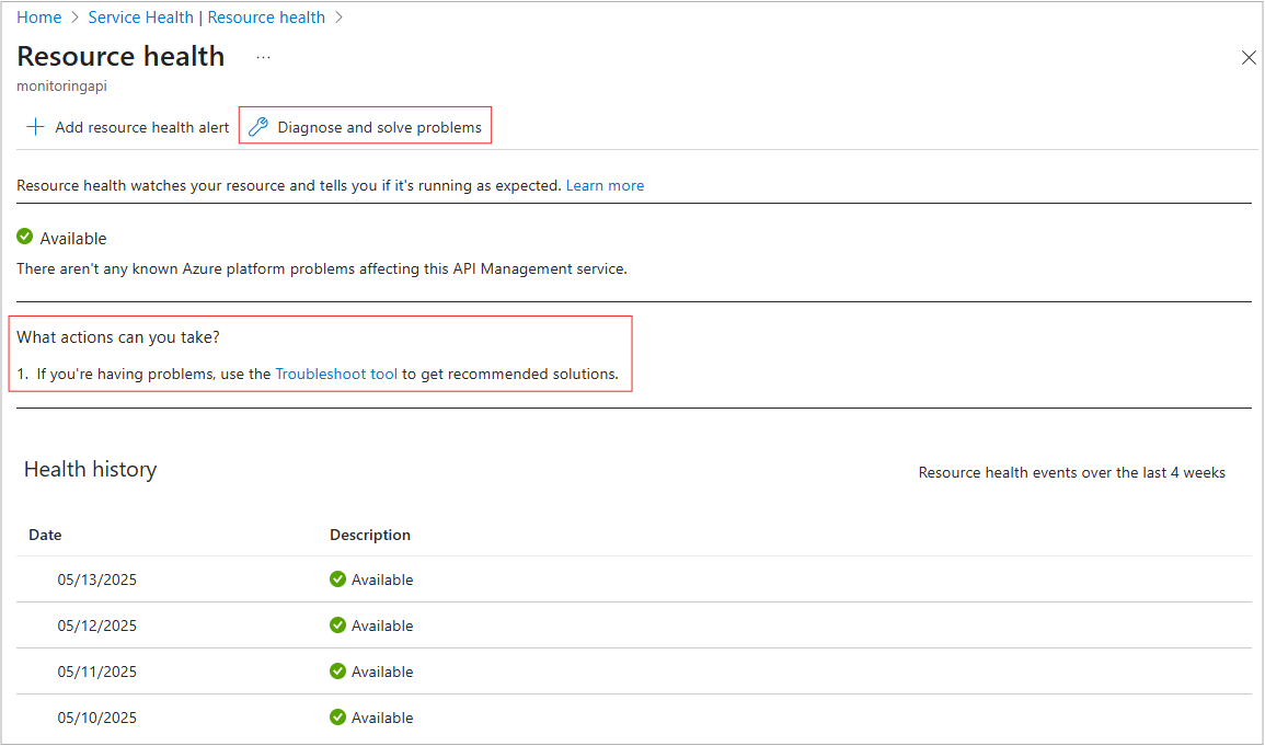 Opening Resource Health from the resource view