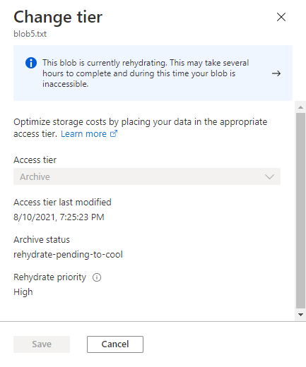 Screenshot showing the rehydration status for a blob in the Azure portal.