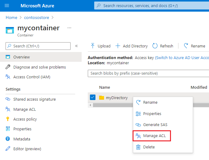 context menu for managing an acl