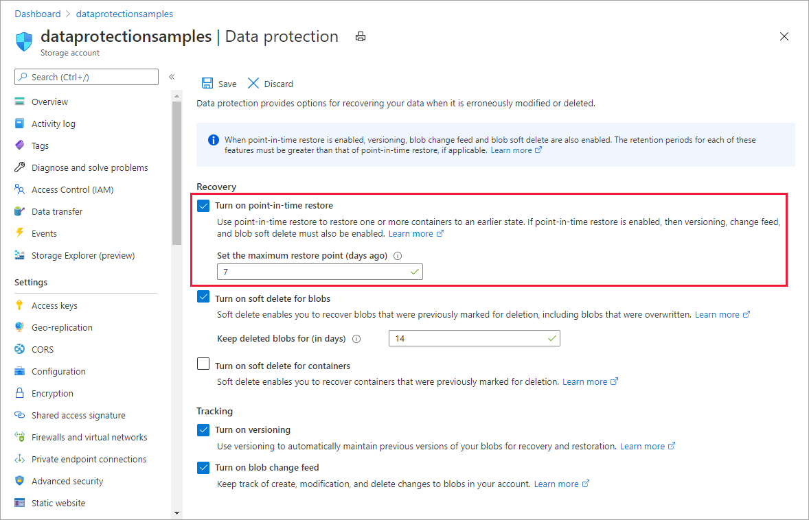 Screenshot showing how to configure point-in-time restore in the Azure portal