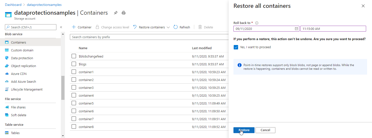 Screenshot showing how to restore all containers to a specified restore point