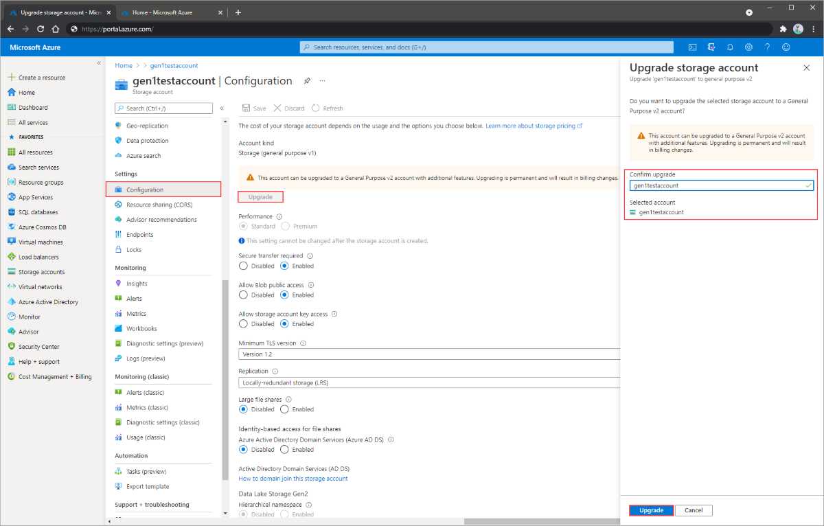 Screenshot of configuration blade, upgrade account kind highlighted.