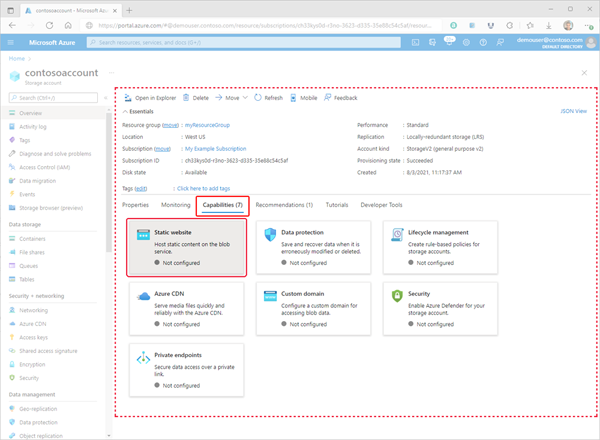 Image showing how to access the Static website configuration page within the Azure portal