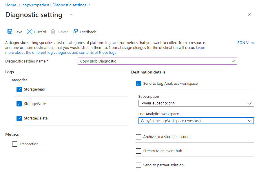 Screenshot showing how to create a diagnostic setting for logging requests.