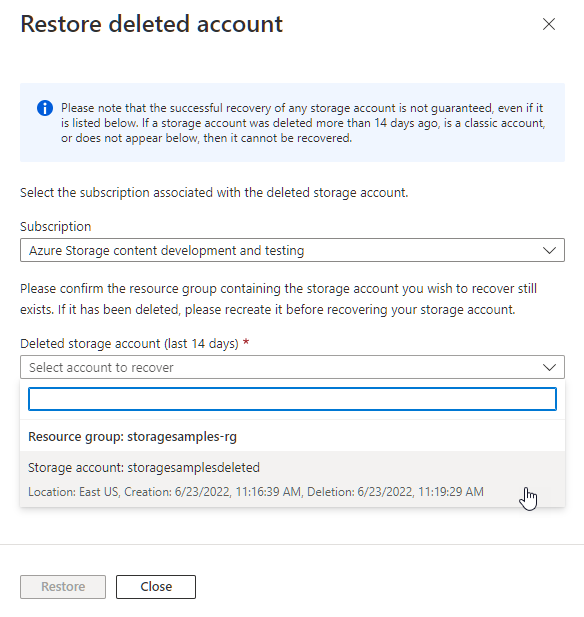 Screenshot showing how to recover storage account in Azure portal