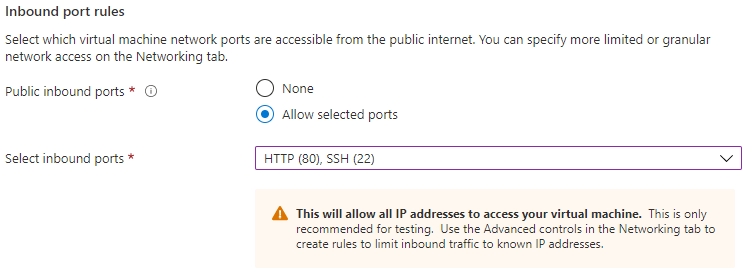 Screenshot showing how to configure the inbound port rules for a new V M.