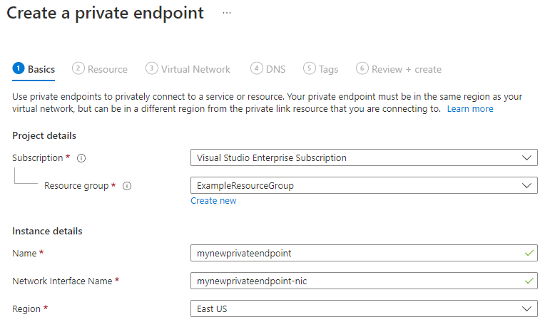 Screenshot showing how to provide the project and instance details for a new private endpoint.
