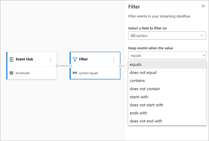 Screenshot that shows selections for creating a filter.