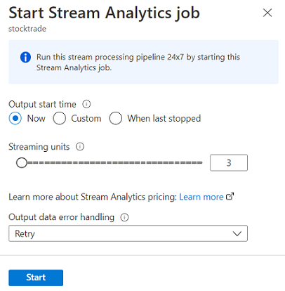 Screenshot that shows the dialog for reviewing the Stream Analytics job configuration and starting the job.