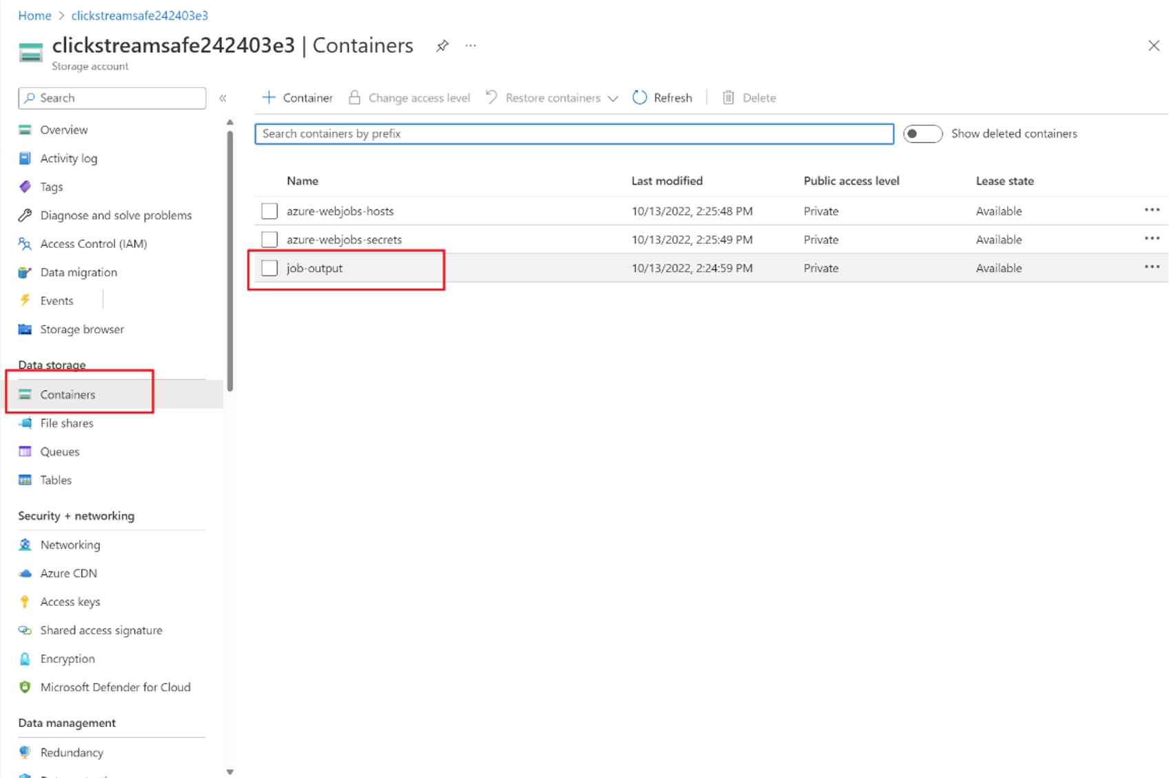 Screenshot of the Blob Storage containers page showing the job output container.