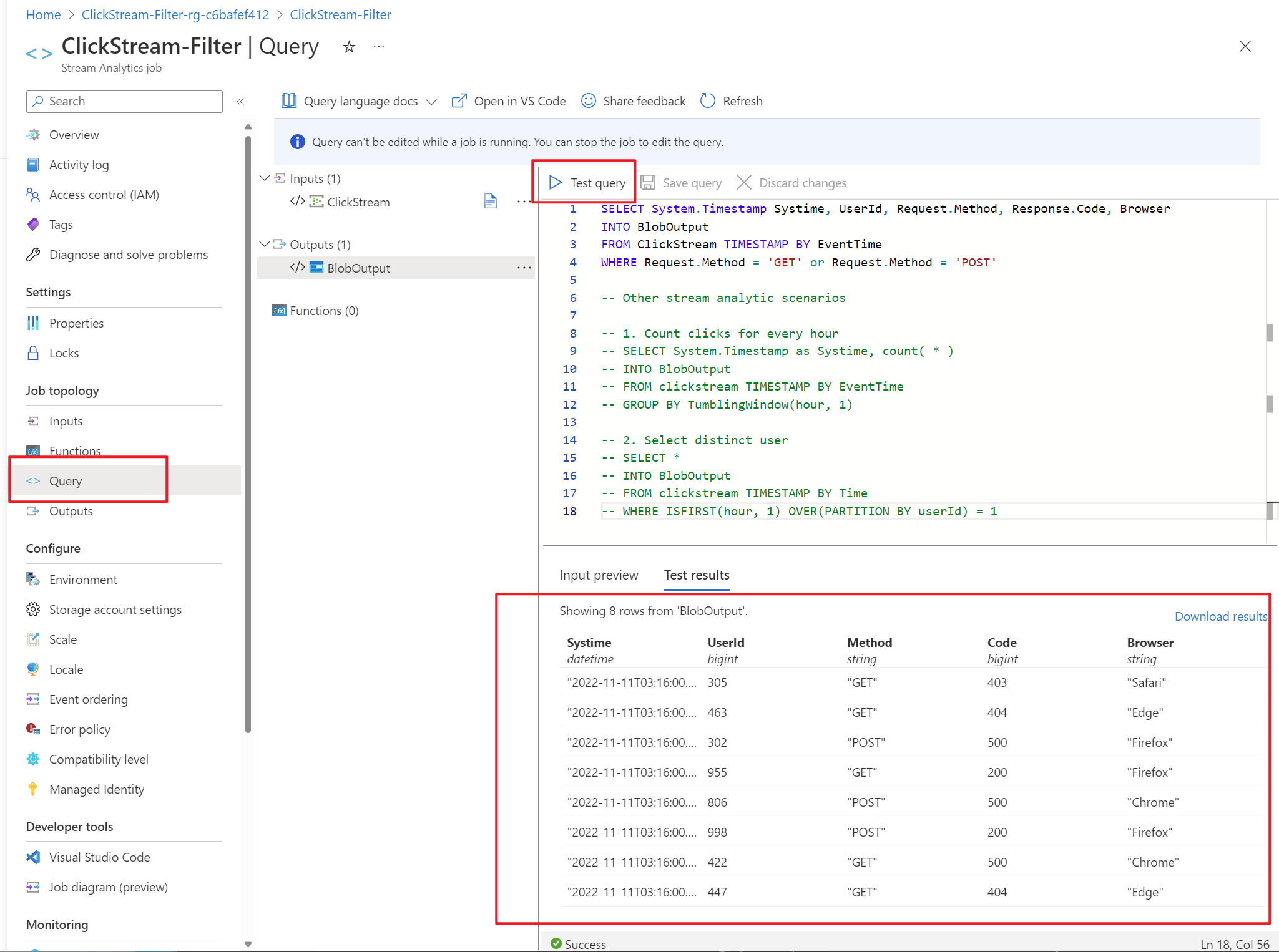 Screenshot of the Stream Analytics query editor showing test query output results.