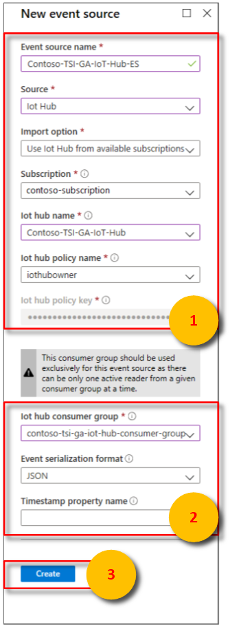 New event source pane - Properties to set in the Use IoT Hub from available subscriptions option