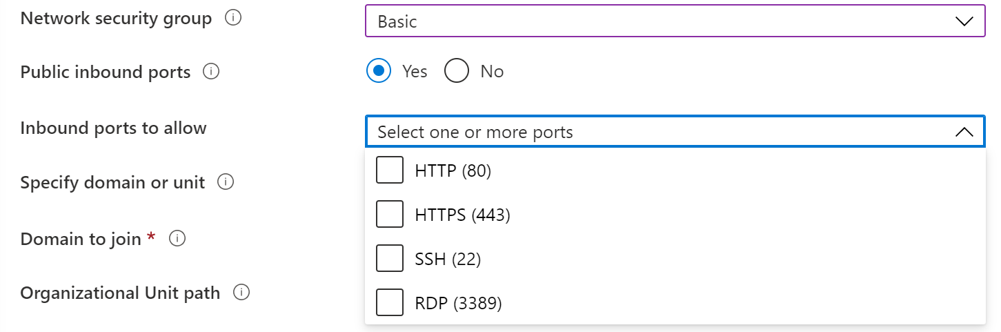 A screenshot of the security group page that shows a list of available ports in a drop-down menu.
