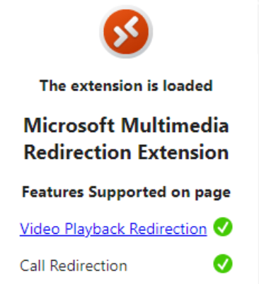 A screenshot of the multimedia redirection extension menu. Both video playback redirection and call redirection are enabled, shown by a green circle with a white check mark inside next to each of them.