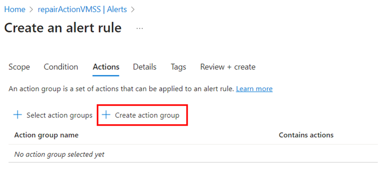 Create action group on portal